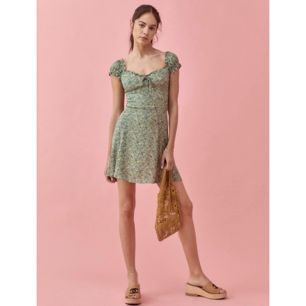 Reformation Oacey Floral Mini Dress Womens 6 Green Cottagecore Smocked Ruffle